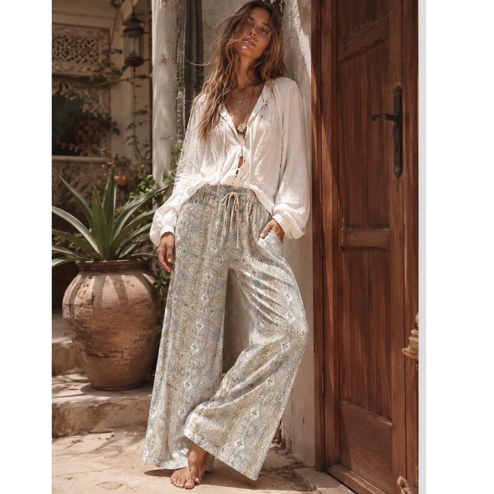 SW3 Bespoke Silk Wide Leg Paisley Pants Palazzo Tan Blue Bohemian Large Luxury